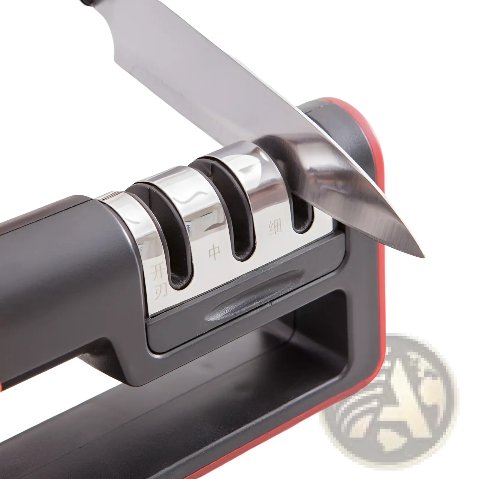 Black and red handheld professional 3 stage diamond knife sharpener tool with three chrome sharpening stages marked in chinese characters