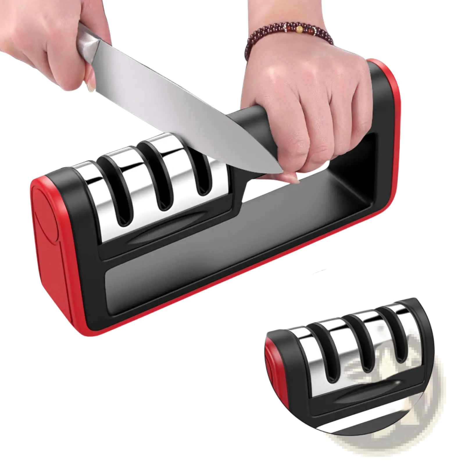 Professional 3 stage diamond knife sharpener tool in red and black with three stainless steel sharpening slots