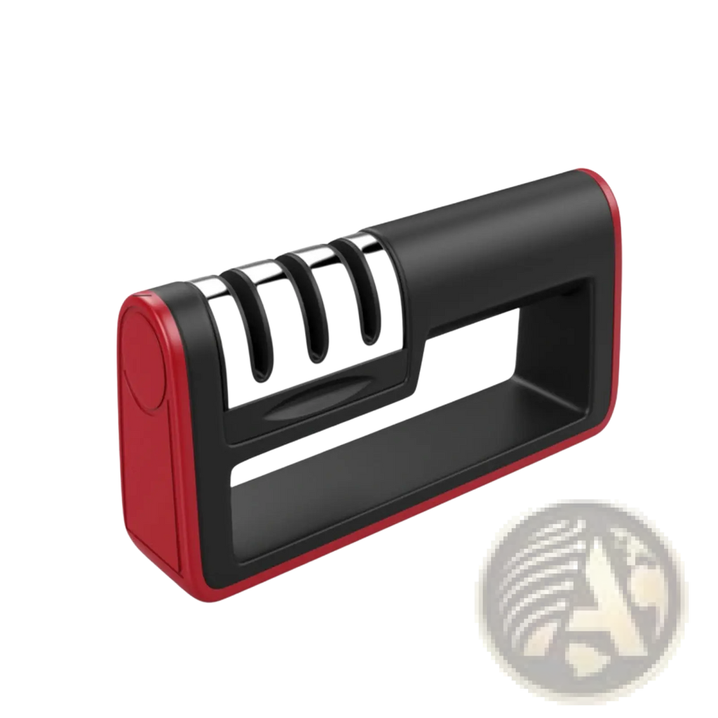 Professional 3 stage diamond knife sharpener with three stainless steel sharpening slots in red and black handheld design