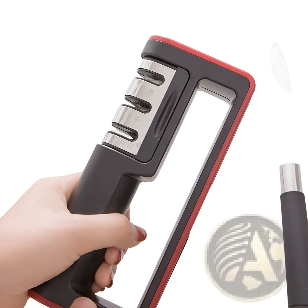 Professional 3 stage diamond knife sharpener tool handheld with black and red body and three stainless steel slots