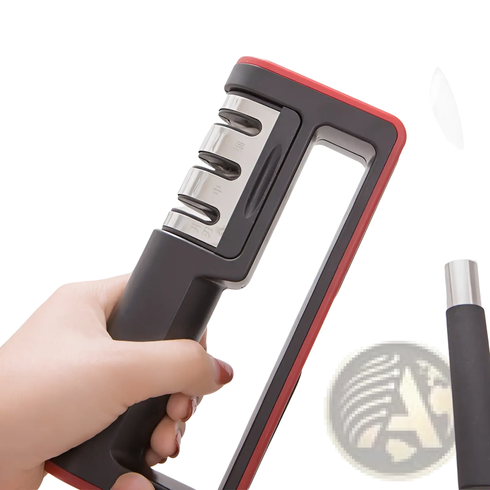 Professional 3 stage diamond knife sharpener tool handheld with black and red body and three stainless steel slots