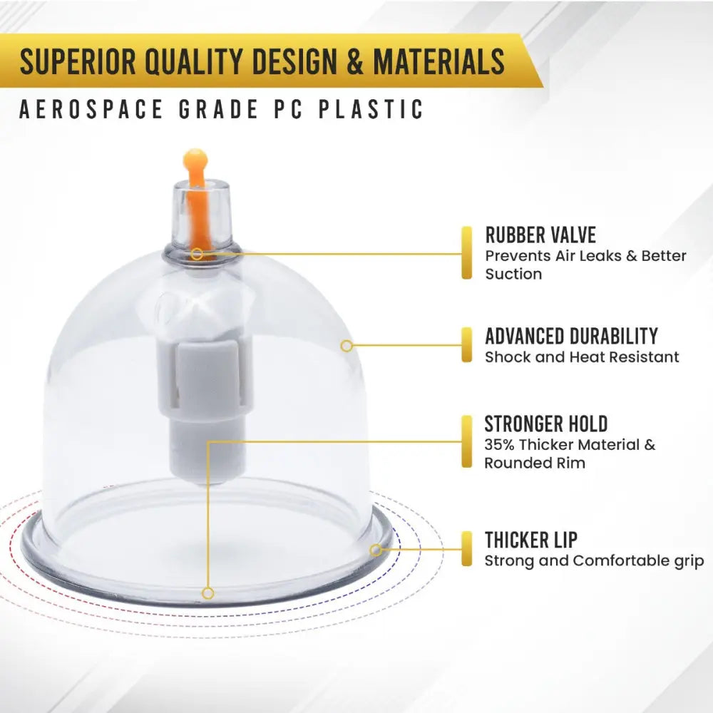 Transparent dome-shaped suction cup from professional 18 piece biomagnetic cupping therapy set made of aerospace grade pc plastic with gray mechanism and orange rubber valve
