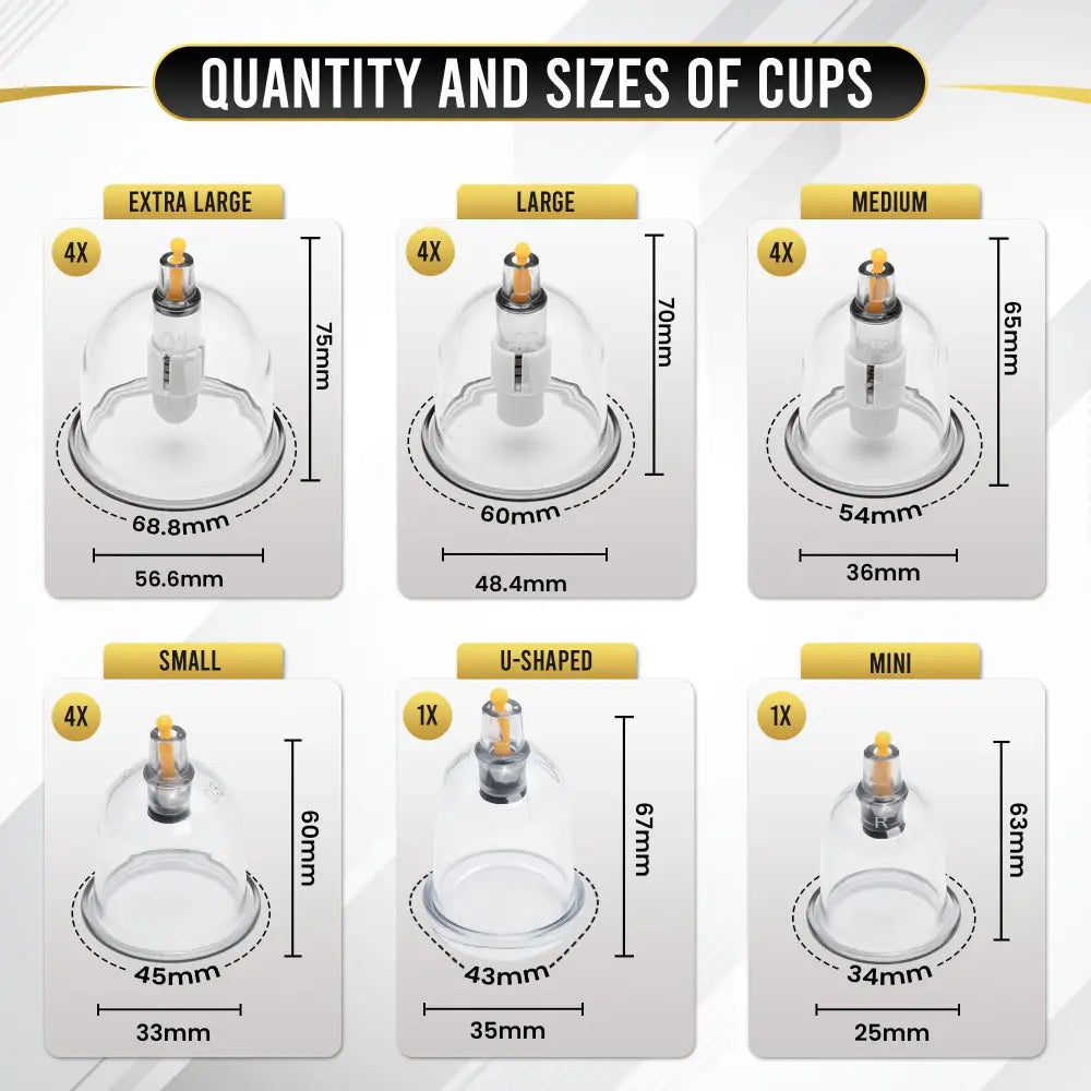 Professional 18 piece biomagnetic cupping therapy set with clear glass suction cups, transparent bases, and metallic stems in various sizes