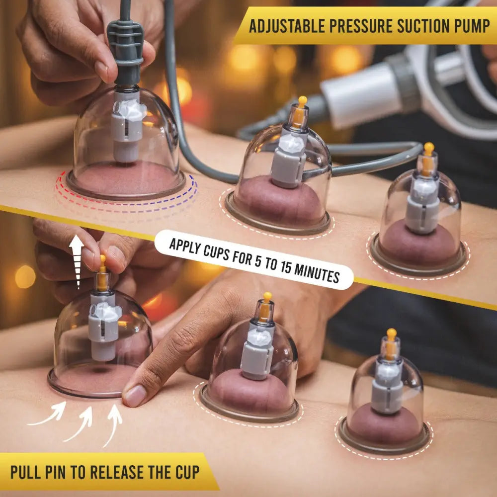 Professional 18 piece biomagnetic cupping therapy set with clear glass suction cups gray tubing and silver metal bases