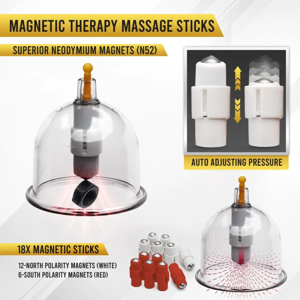 Clear glass suction cup with white and gray magnetic therapy stick and orange knob in professional 18 piece biomagnetic cupping set