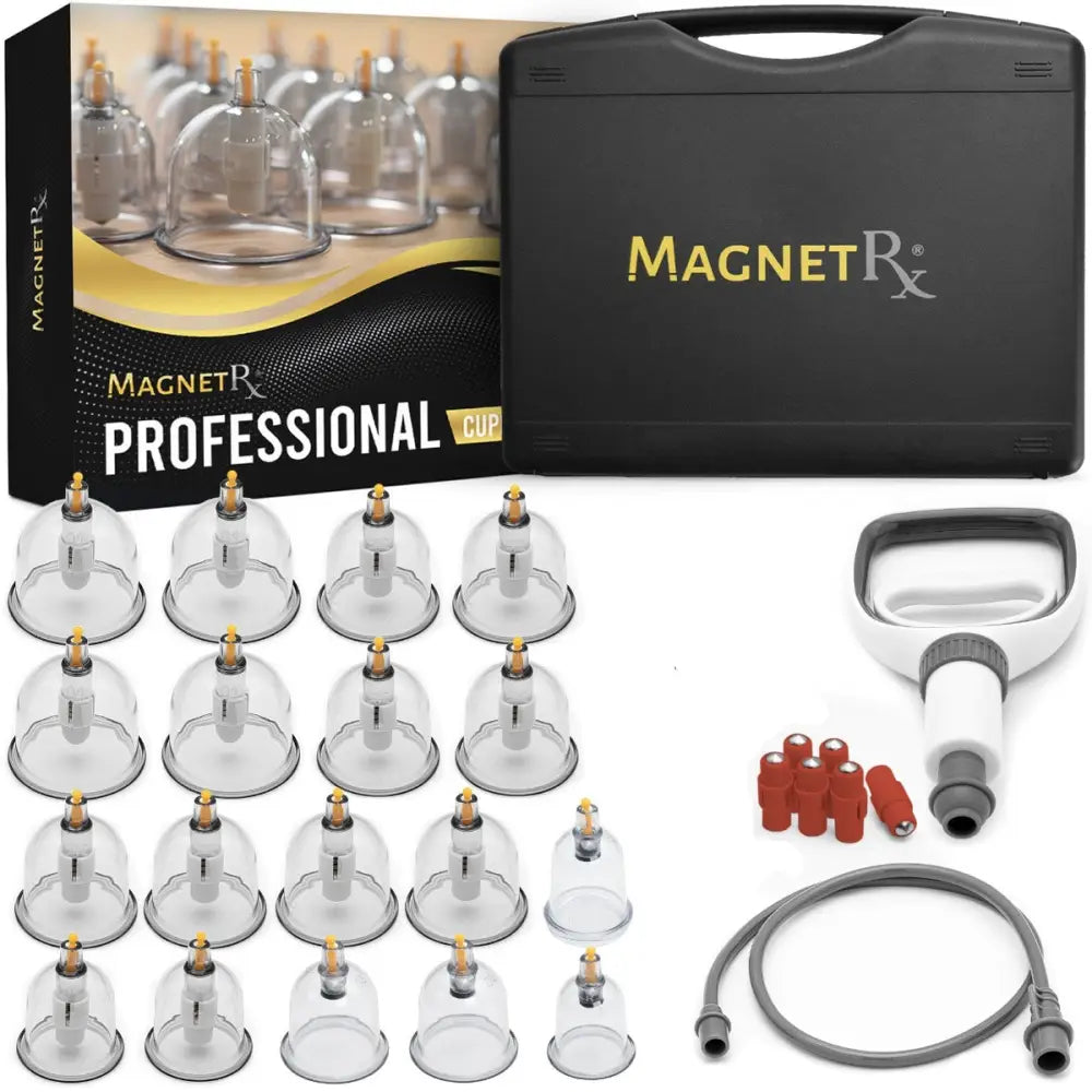 Magnetrx professional 18 piece biomagnetic cupping therapy set with clear glass cups gold stems and black carrying case