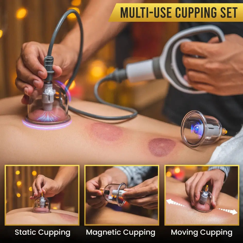 Clear glass cupping device with metallic base and black tubing featuring electric motor for suction in professional 18 piece biomagnetic cupping therapy set