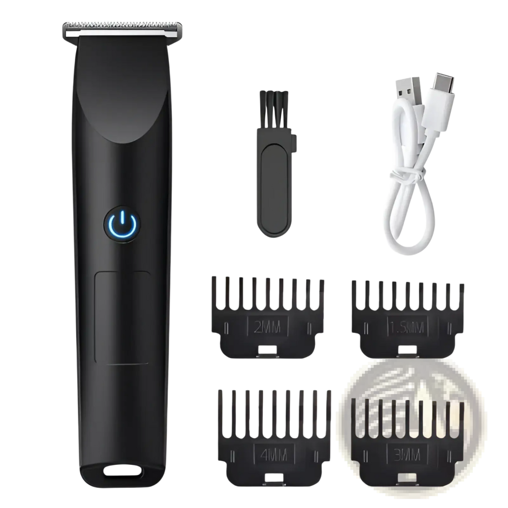 Professional cordless black electric hair trimmer with blue power button and multiple attachments for grooming