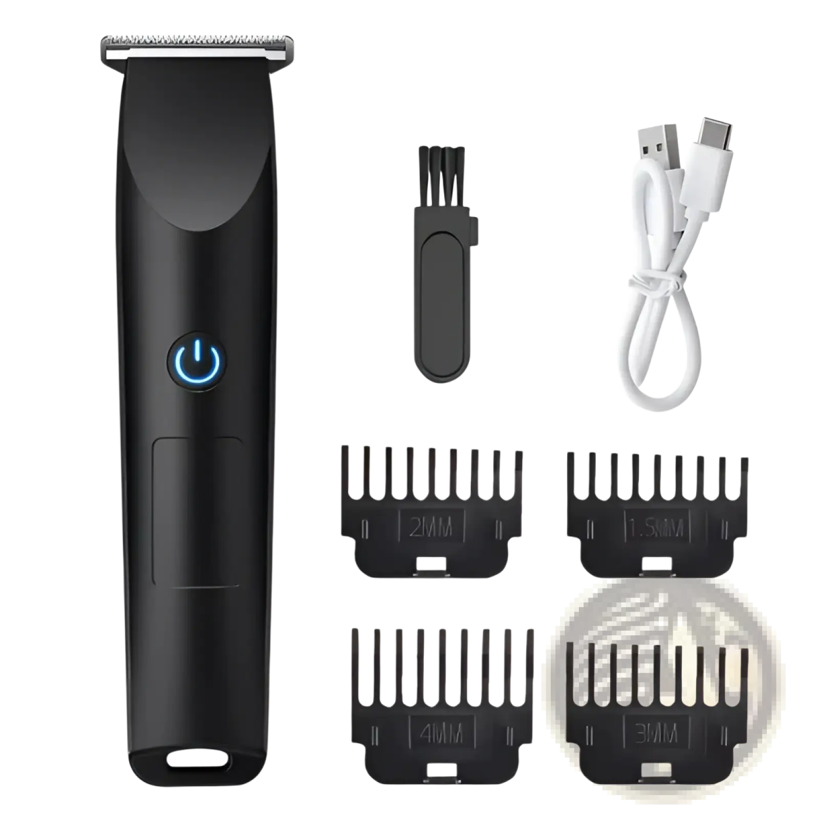 Professional cordless black electric hair trimmer with blue power button and multiple attachments for grooming