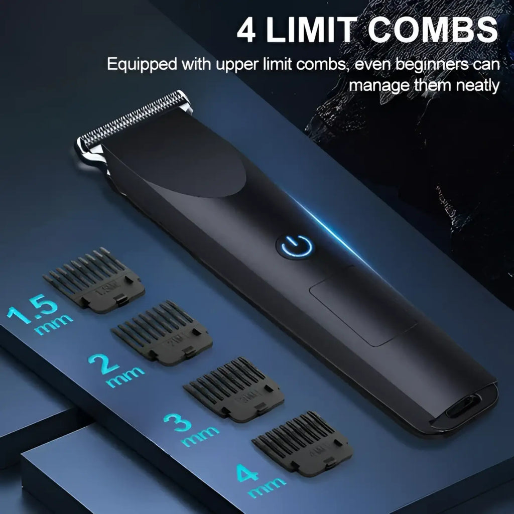 Black professional cordless electric hair clipper with four interchangeable limit combs for precise trimming and beard grooming