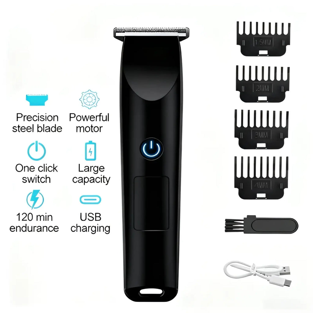 Professional cordless hair clipper and beard trimmer set in black with precision steel blade usb charging and one-click switch