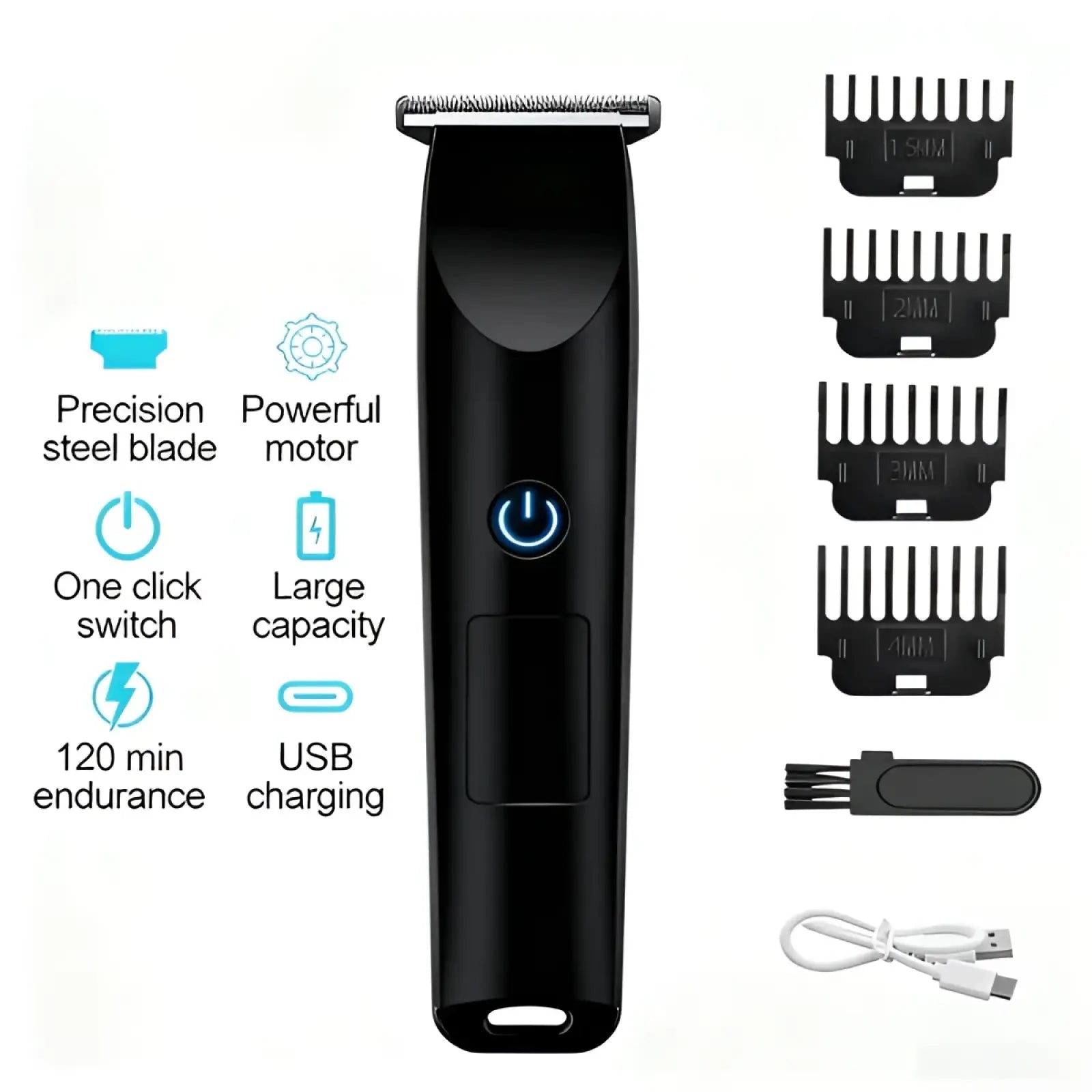Black professional cordless hair clipper and beard trimmer with precision steel blade usb charging and one-click switch