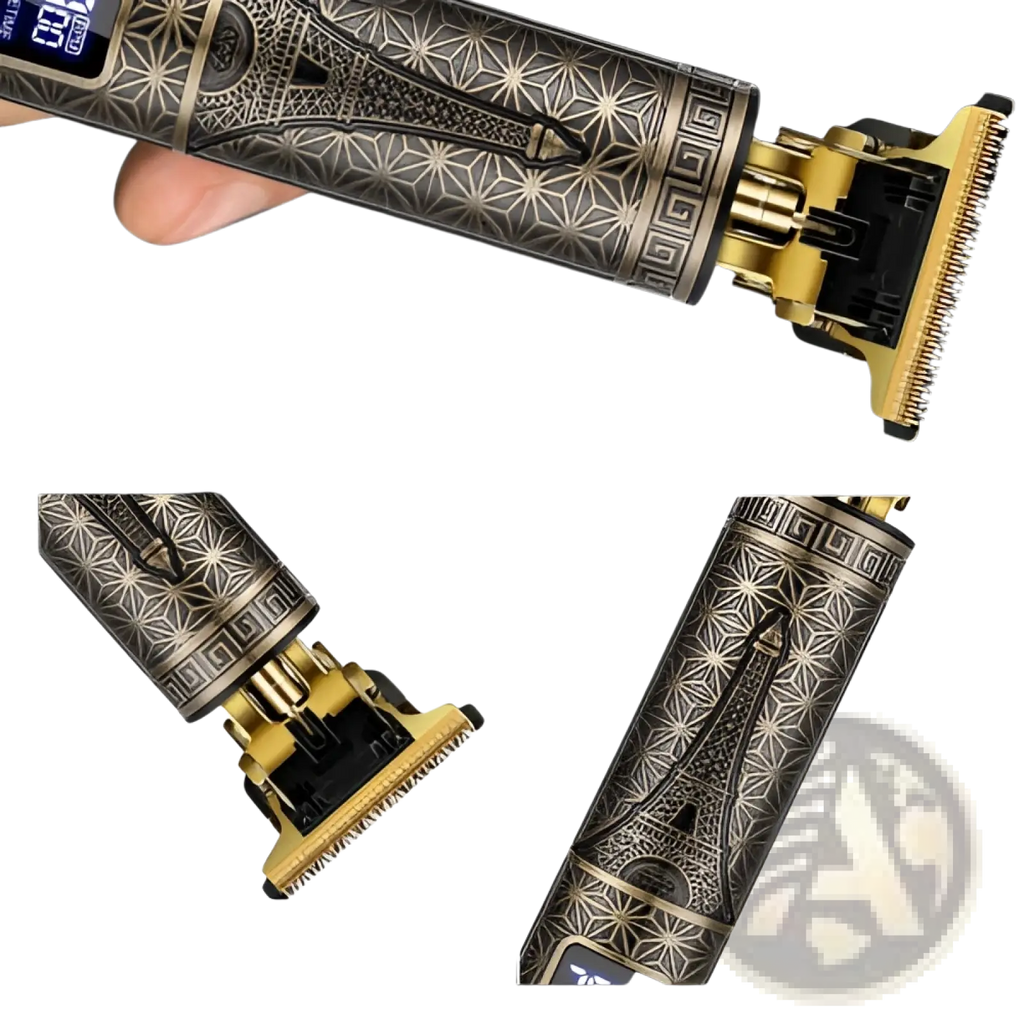 Elegant silver and gold professional cordless hair clippers with intricate eiffel tower-inspired engravings on metallic body