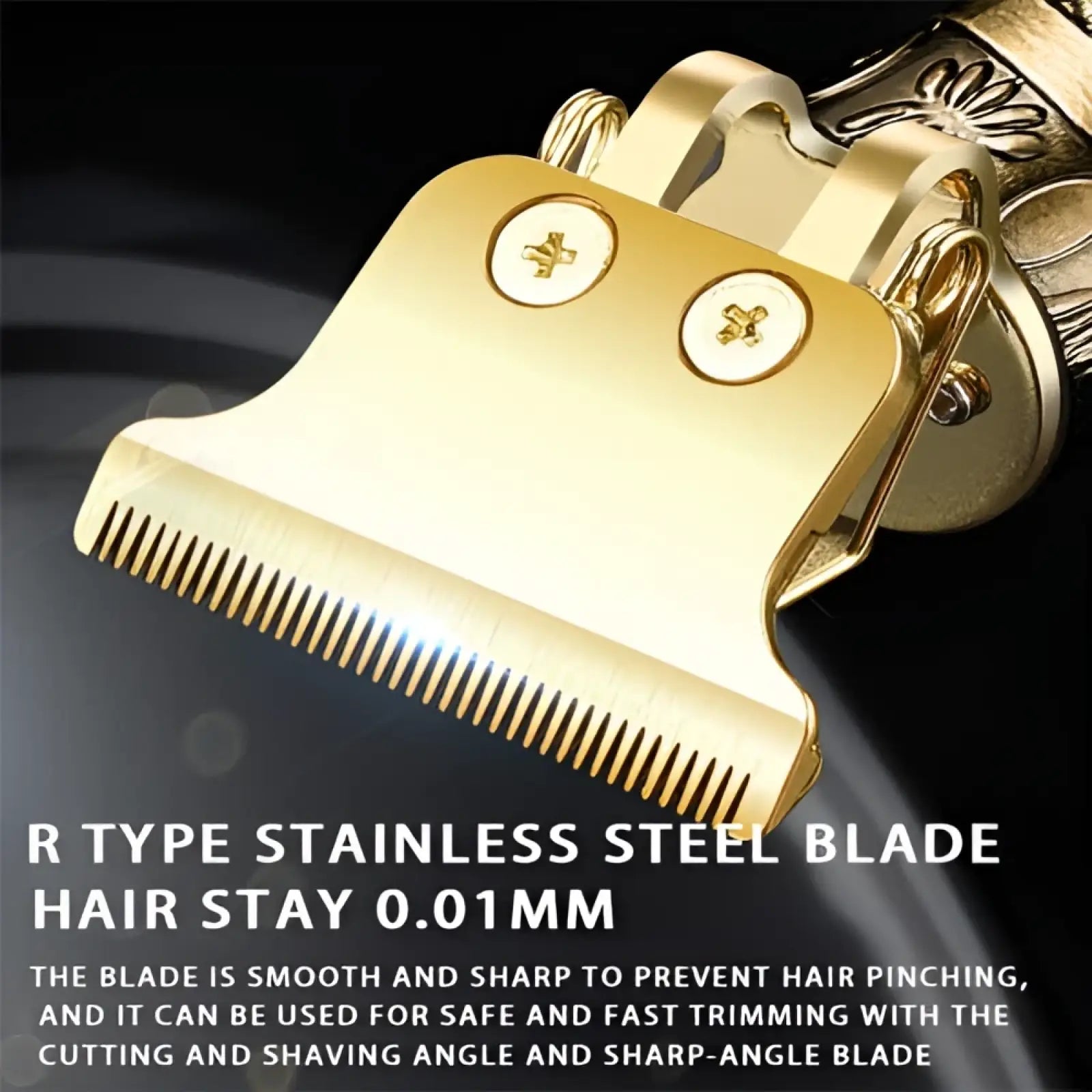 Gold-colored r-type stainless steel blade with 0.01mm precision gap for smooth cutting on professional cordless beard trimmer