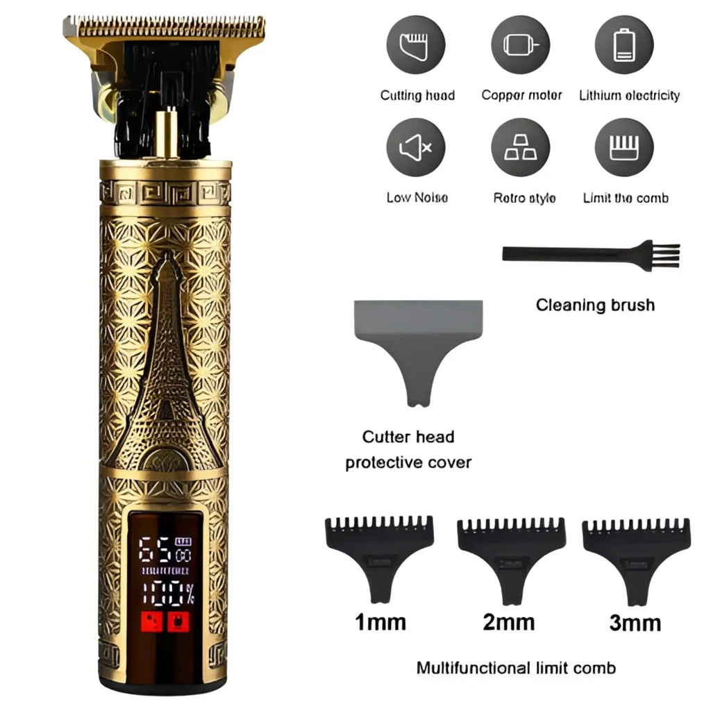 Professional cordless gold electric hair trimmer with intricate eiffel tower engraving and digital display