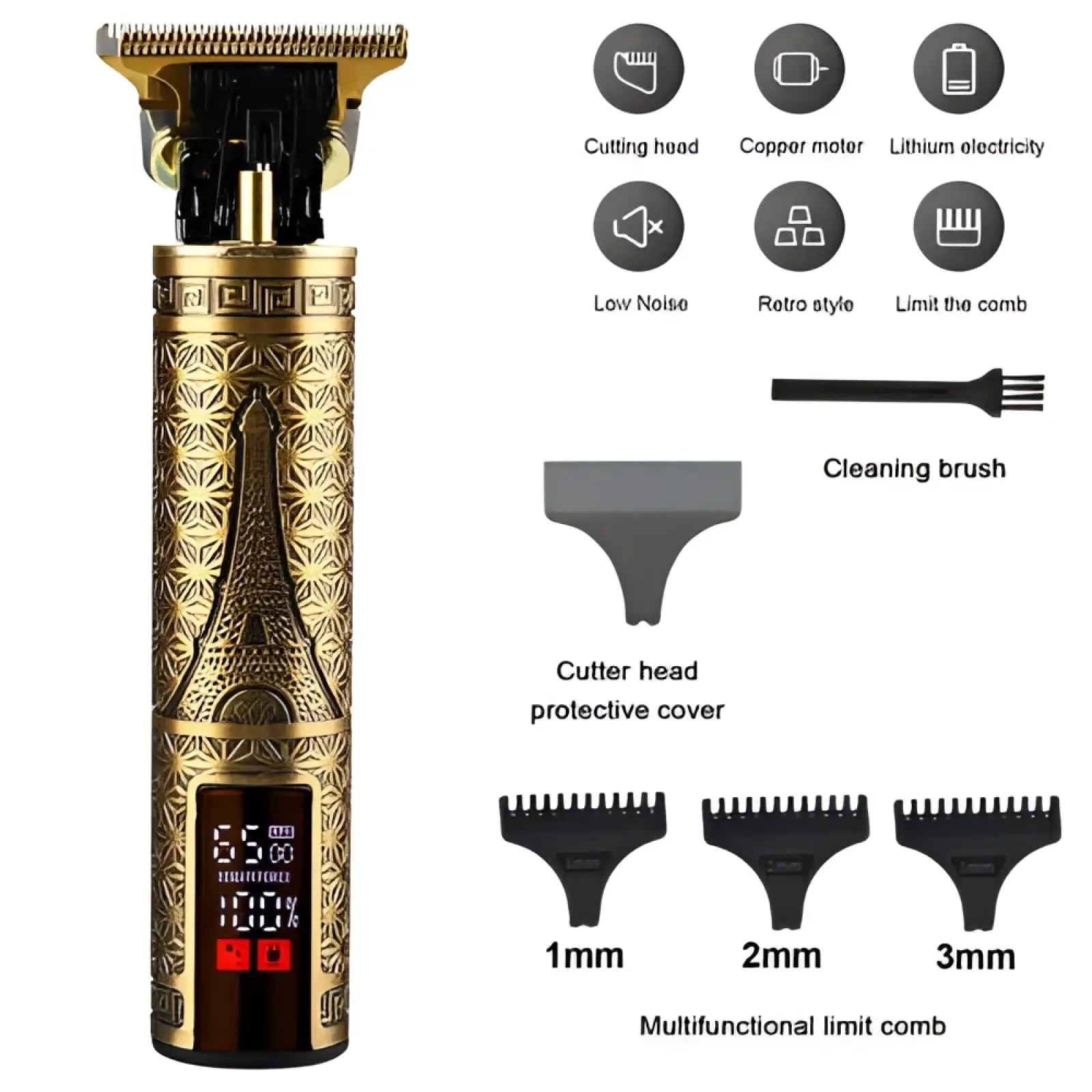 Professional cordless gold electric hair trimmer with intricate eiffel tower engraving and digital display