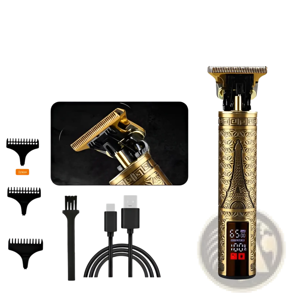 Gold-colored professional cordless electric hair clipper with engraved design and digital display for beard trimming