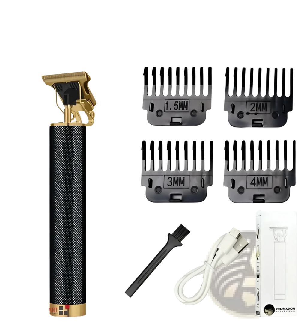 Professional cordless hair trimmer and beard clipper in black and gold with four interchangeable comb attachments