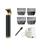 Professional cordless hair trimmer and beard clipper in black and gold with four interchangeable comb attachments