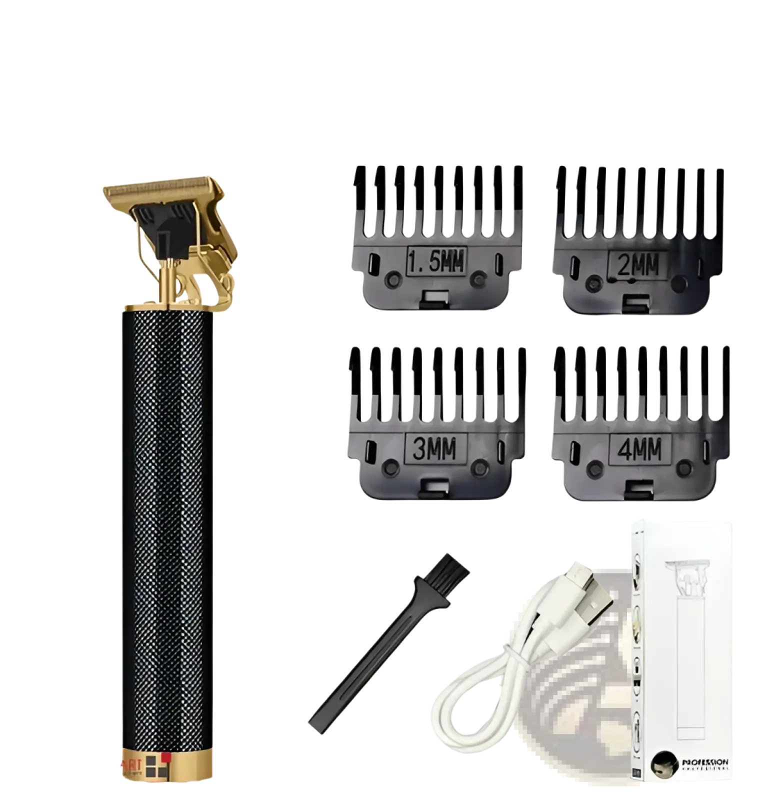 Professional cordless hair trimmer and beard clipper in black and gold with four interchangeable comb attachments