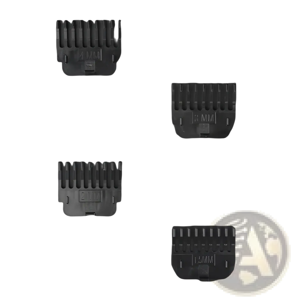 Black plastic limiting combs in four sizes for professional cordless hair trimmer and beard clipper attachments