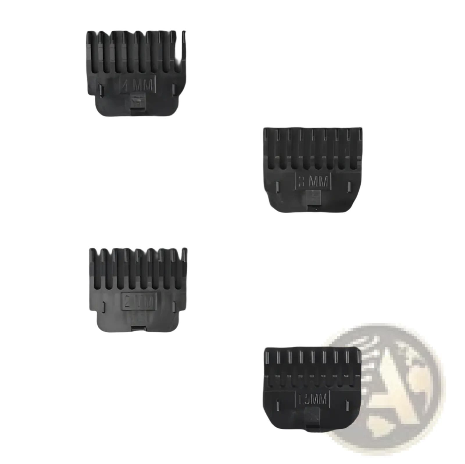 Black plastic limiting combs in four sizes for professional cordless hair trimmer and beard clipper attachments