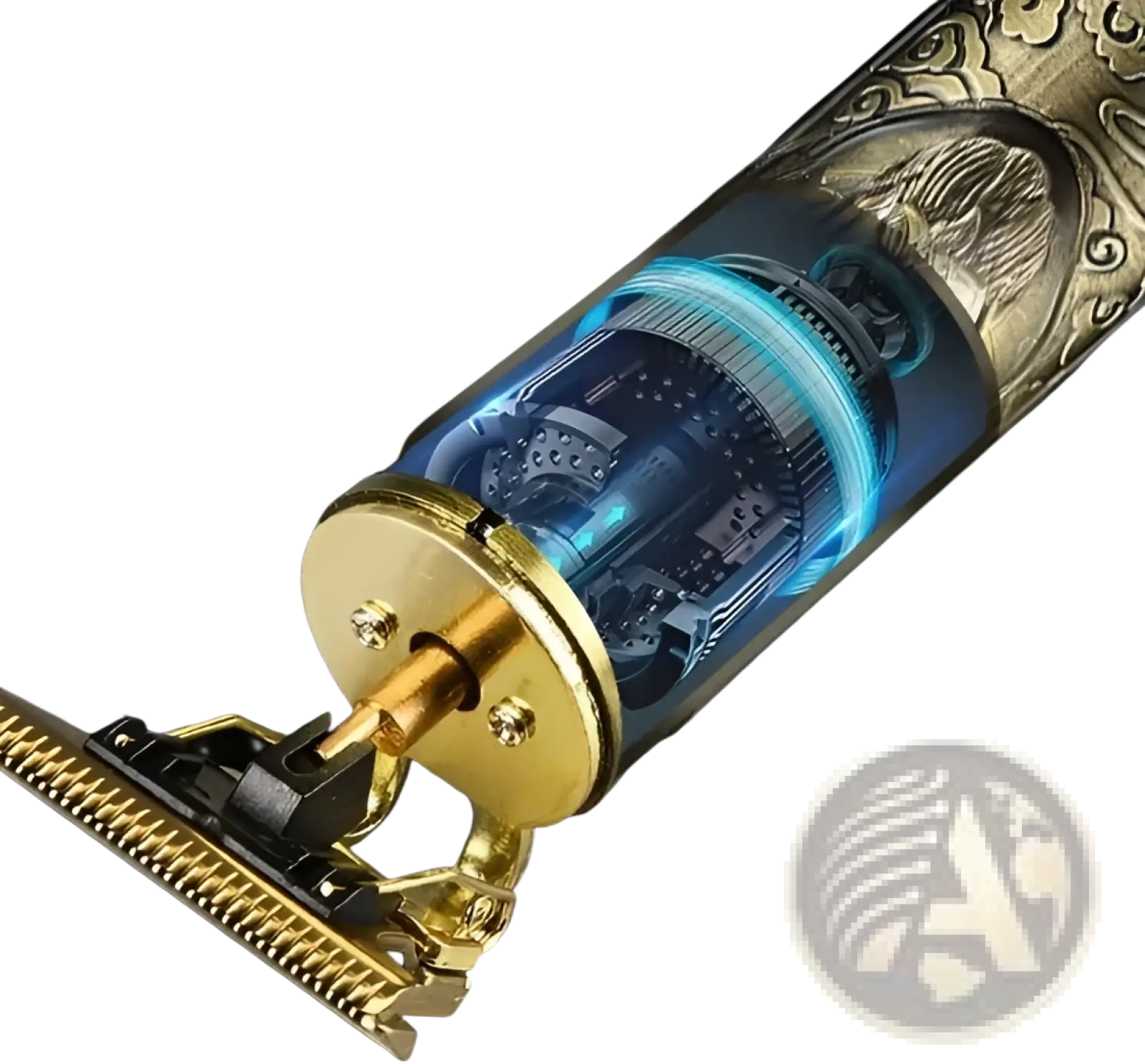 Professional cordless hair trimmer and beard clipper gold color with ornate engraved metallic casing and glowing blue motor