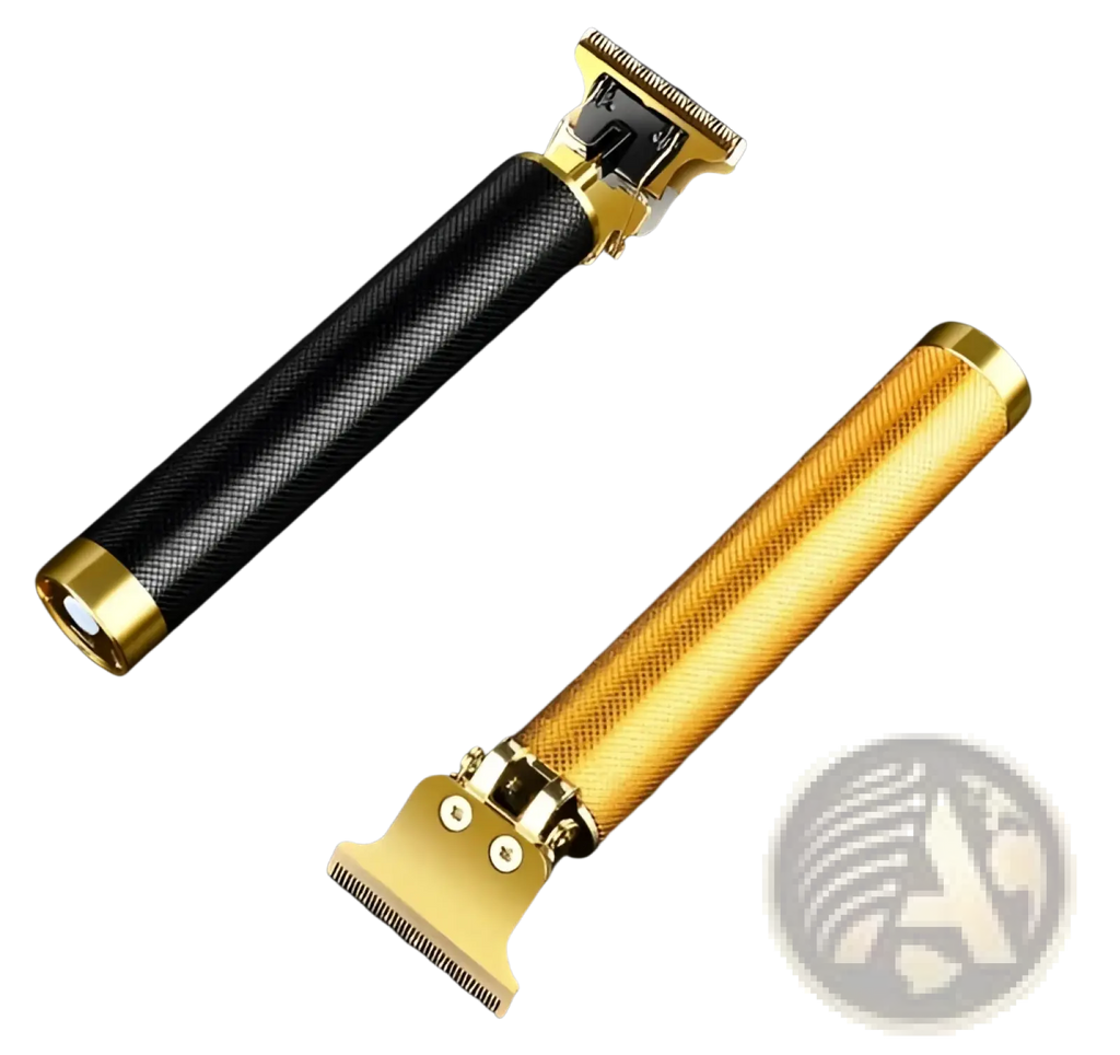 Two sleek professional cordless hair trimmers with black textured grip gold accents and polished gold finish