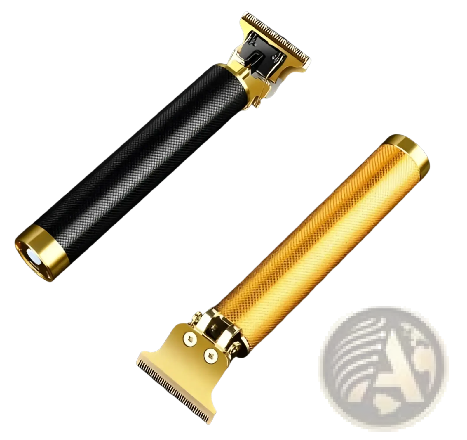 Two sleek professional cordless hair trimmers with black textured grip gold accents and polished gold finish