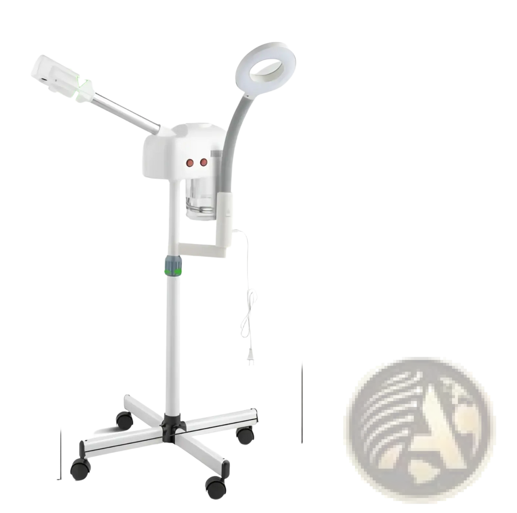 Professional facial steamer in white with adjustable gooseneck arm magnifying lamp and wheeled base for mobility