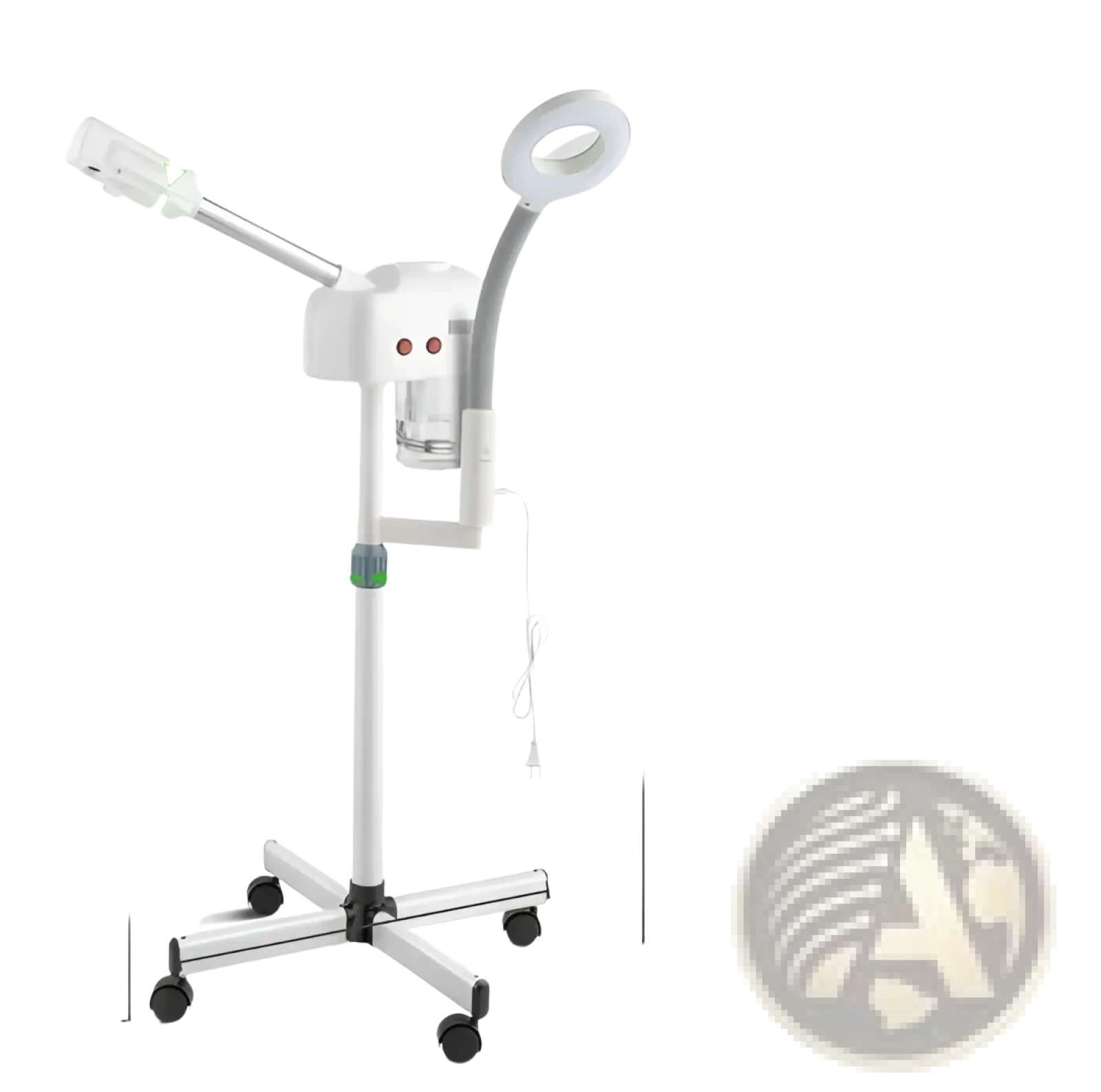 Professional facial steamer in white with adjustable gooseneck arm magnifying lamp and wheeled base for mobility
