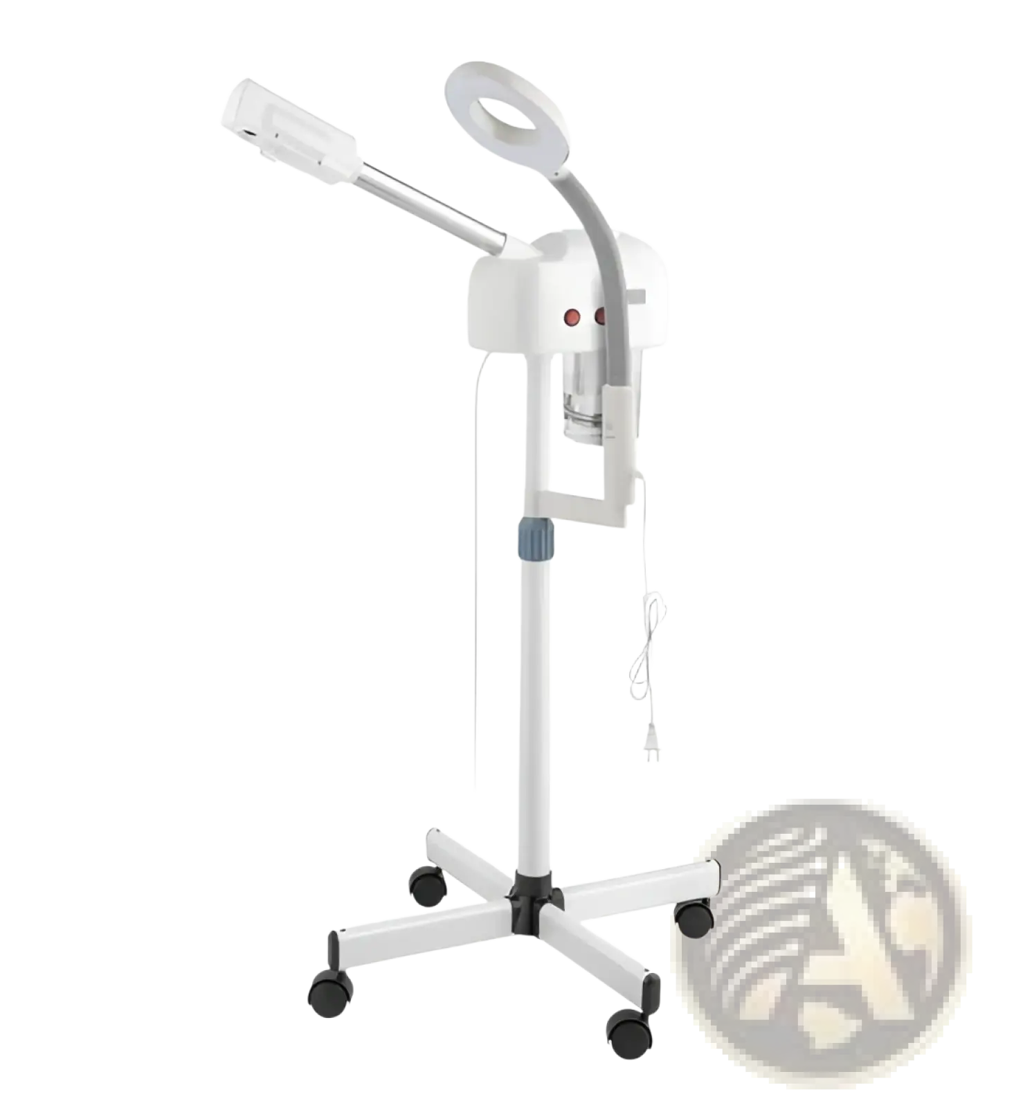 Professional facial steamer with white adjustable gooseneck arm, 3x magnifying lamp, and dual-function misting nozzle