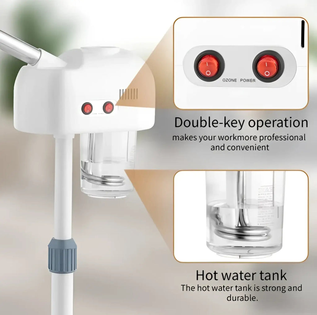 Professional facial steamer with 3x magnifying lamp featuring white plastic and metal body, red ozone and power buttons, clear hot water tank