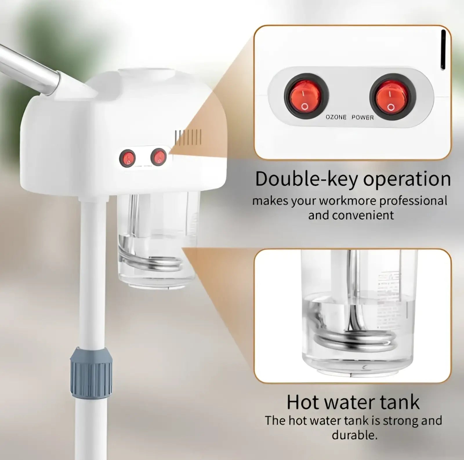 Professional facial steamer with 3x magnifying lamp featuring white plastic and metal body, red ozone and power buttons, clear hot water tank