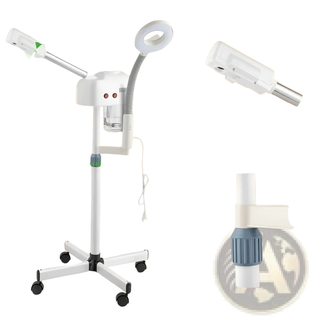 White professional facial steamer with 3x magnifying lamp, adjustable height stand, and 360-degree rotatable head