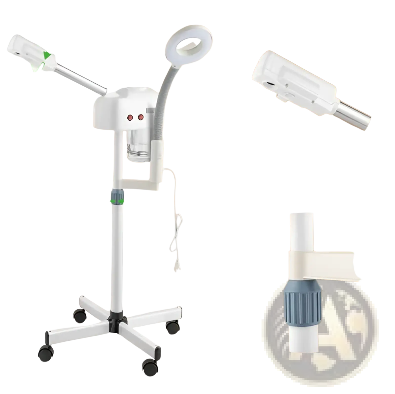 White professional facial steamer with 3x magnifying lamp, adjustable height stand, and 360-degree rotatable head