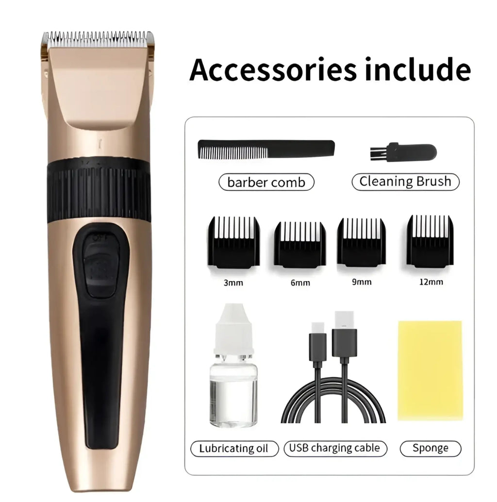 Professional hair clippers cordless gold barber kit with multiple black comb attachments for precise grooming