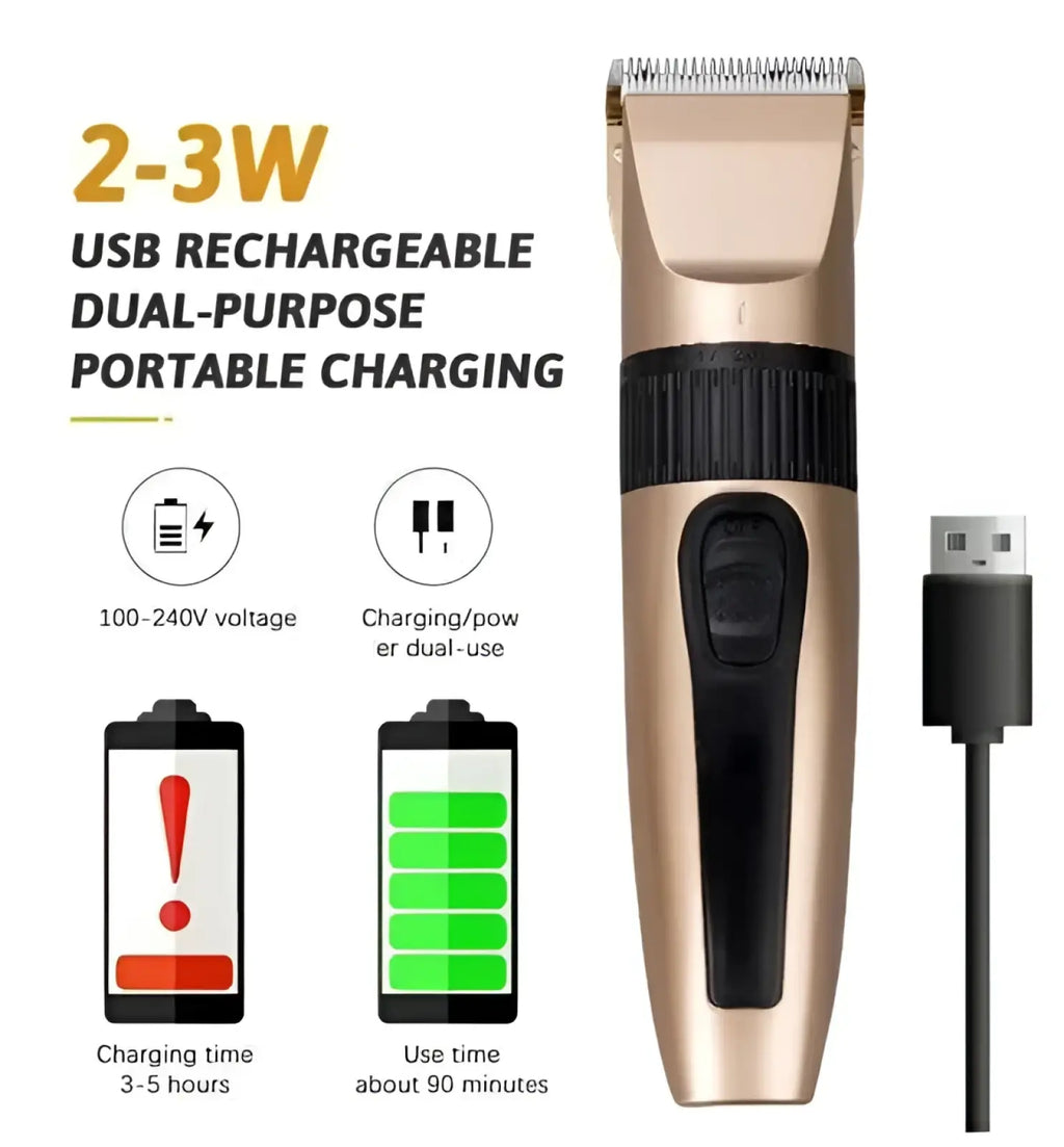 Gold-colored usb rechargeable electric hair clipper with black grip and button from professional cordless barber kit