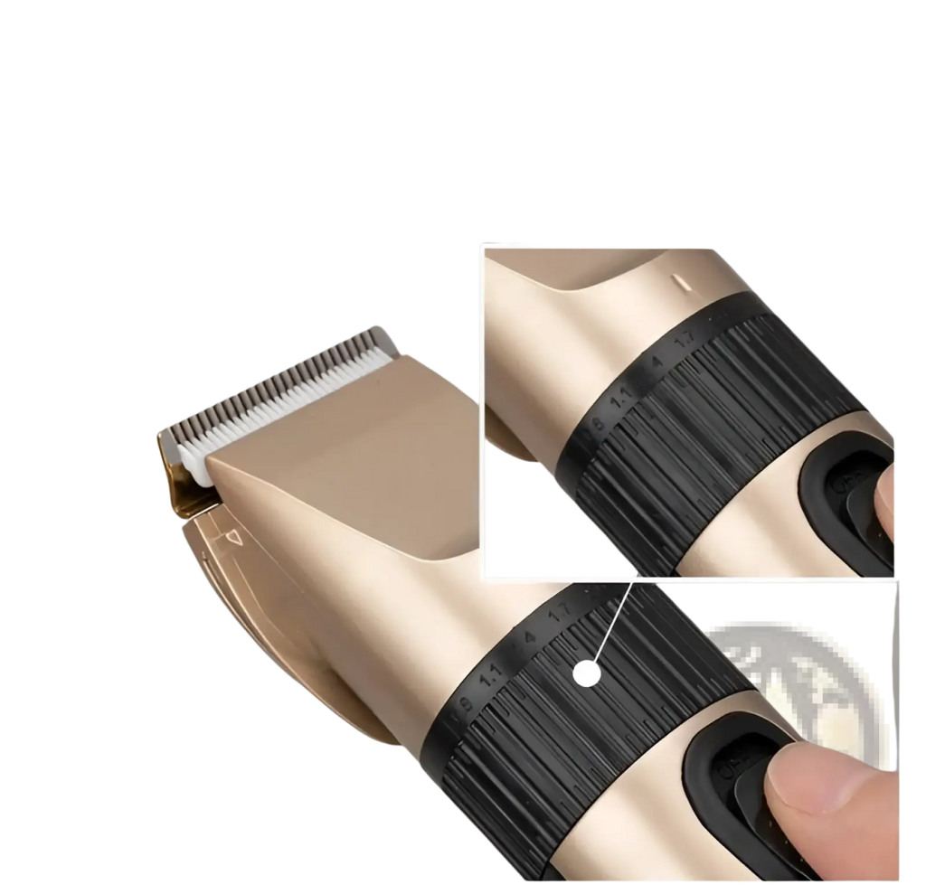 Gold-colored professional cordless electric hair clipper with black textured grip and adjustable blade guard for barber use