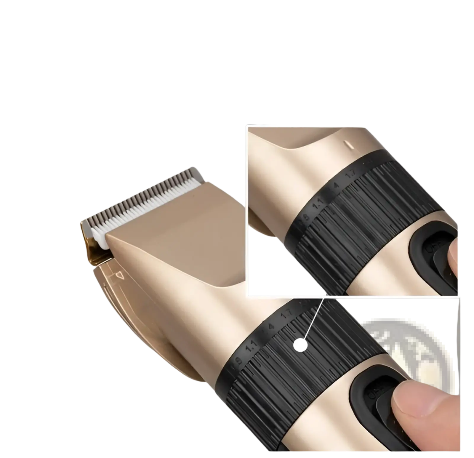 Gold-colored professional cordless electric hair clipper with black textured grip and adjustable blade guard for barber use