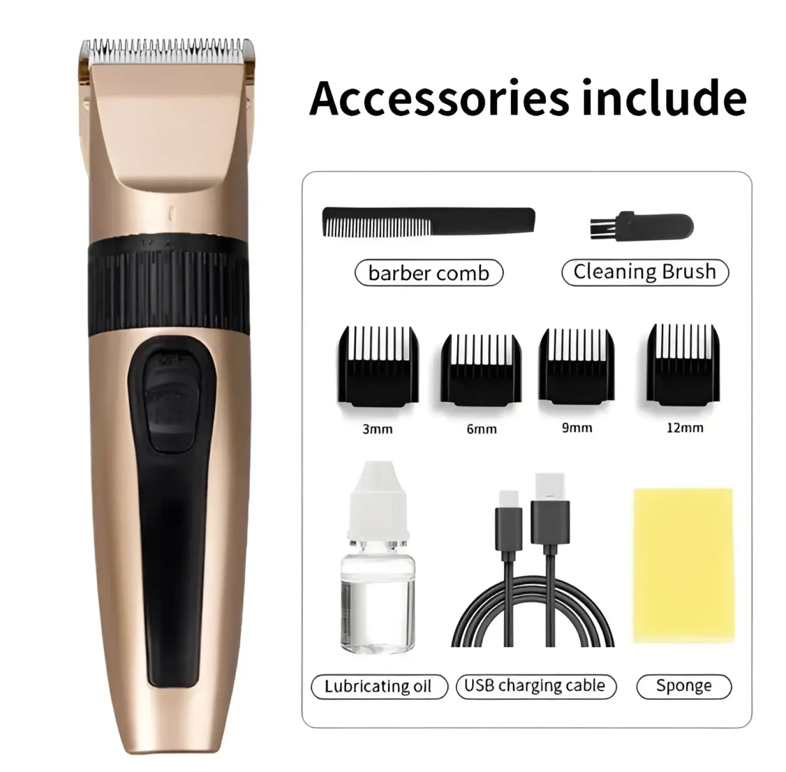 Professional hair clippers cordless gold barber kit with black electric clipper and multiple comb attachments accessories