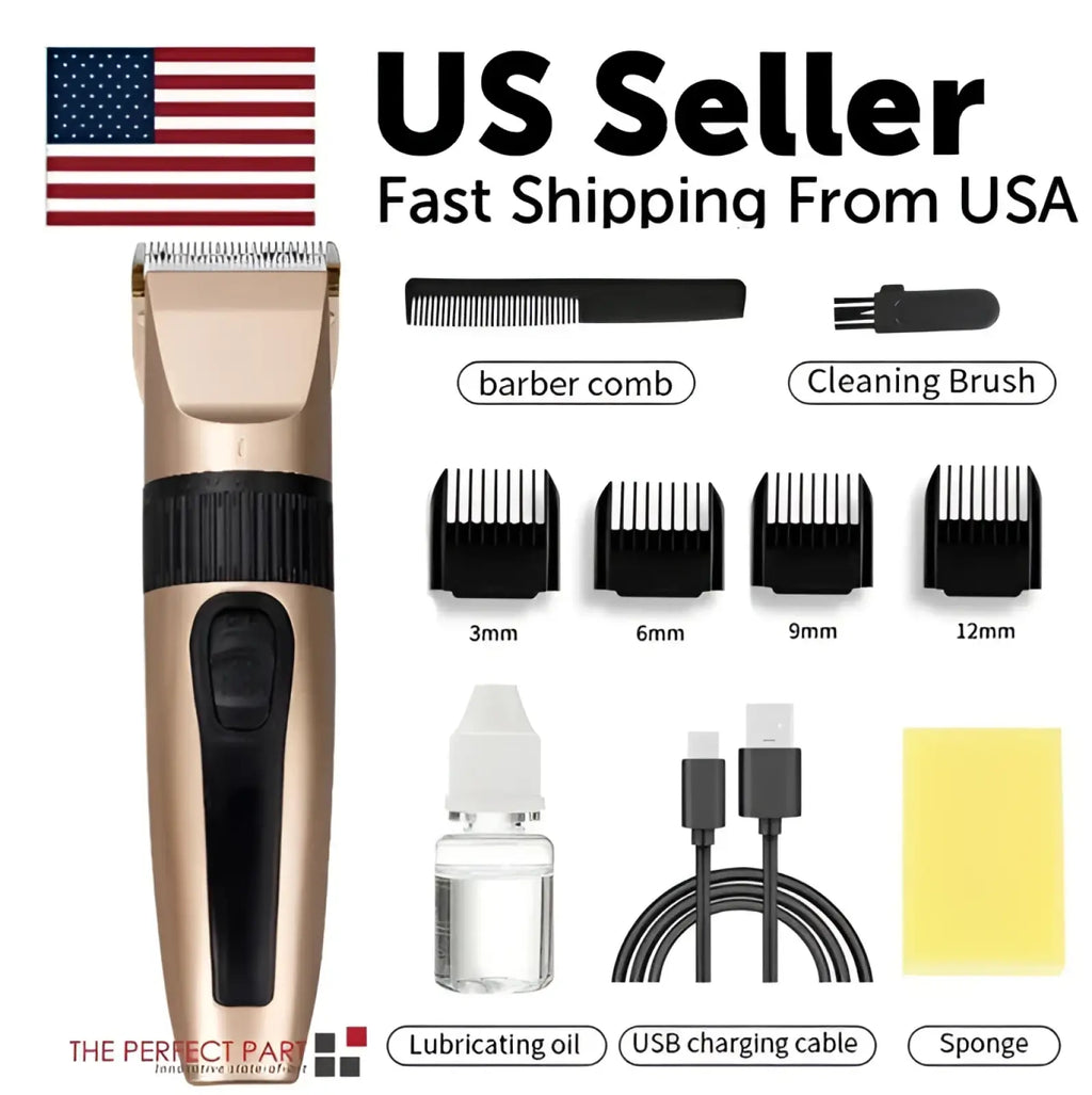 Professional gold and black cordless electric hair clipper with multiple comb attachments for barber use