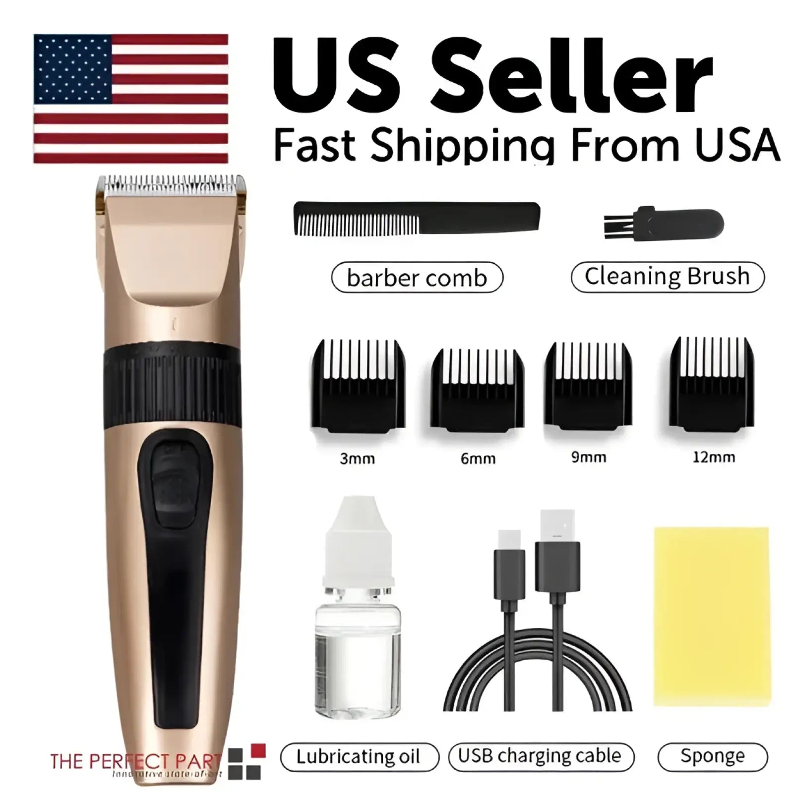 Professional gold and black cordless electric hair clipper with multiple comb attachments for barber use