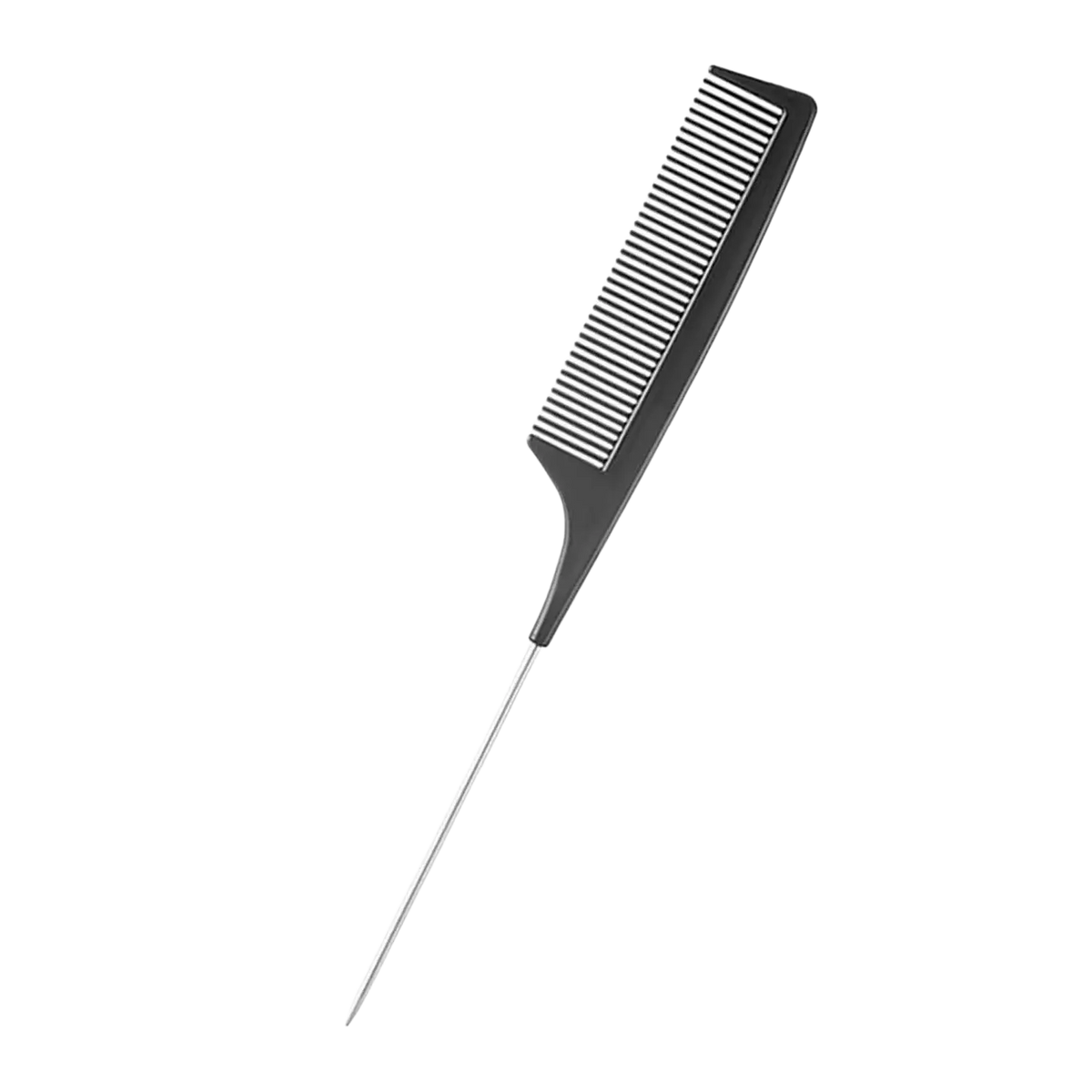 Black plastic professional hairdressing comb with fine teeth and slender metal styling point for precise hair styling