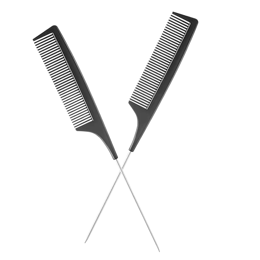 Professional hairdressing comb and styling tool set with black plastic fine-tooth combs and slender metal rods