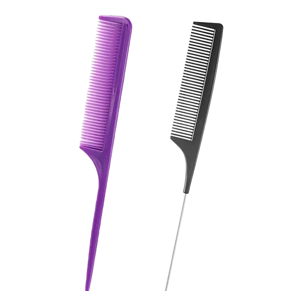 Purple and black plastic professional hairdressing combs with fine teeth and a slender handle for styling use