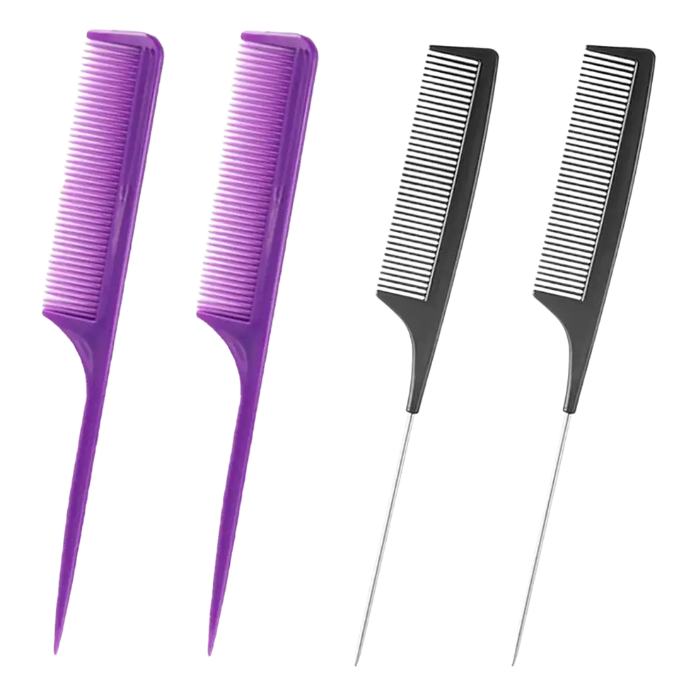 Professional hairdressing comb and styling tool set with two purple plastic combs and two black metal tipped combs