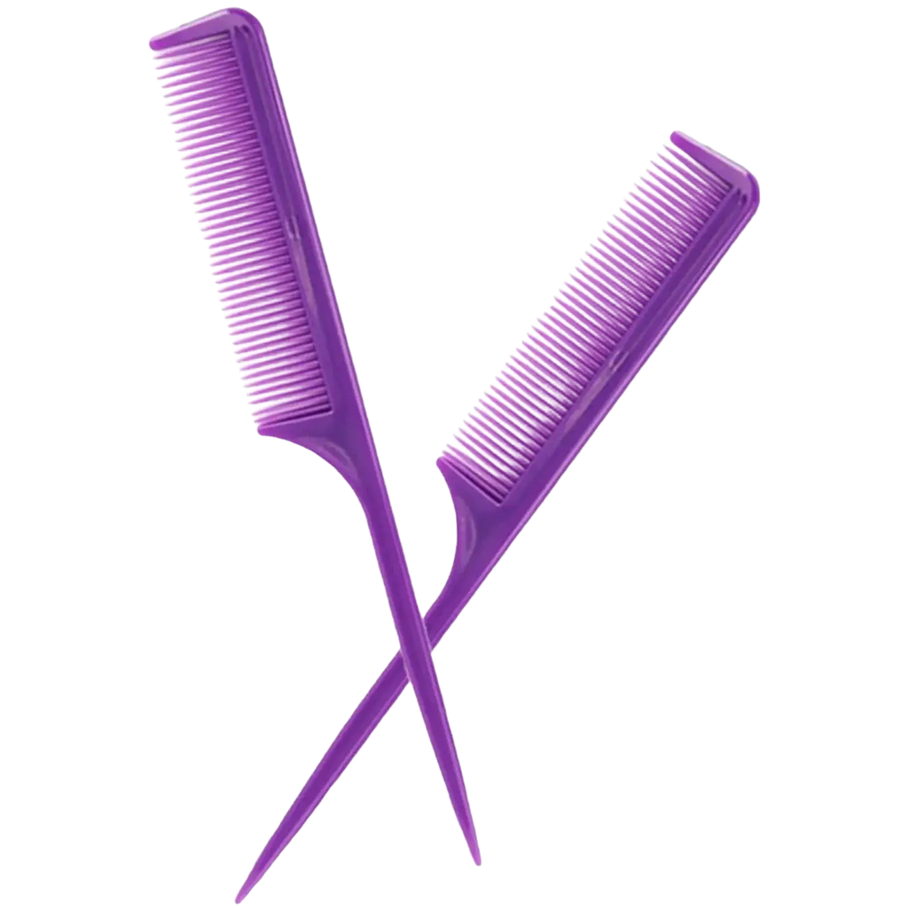 Professional hairdressing comb and styling tool set featuring two vibrant purple plastic combs with fine, tapered teeth