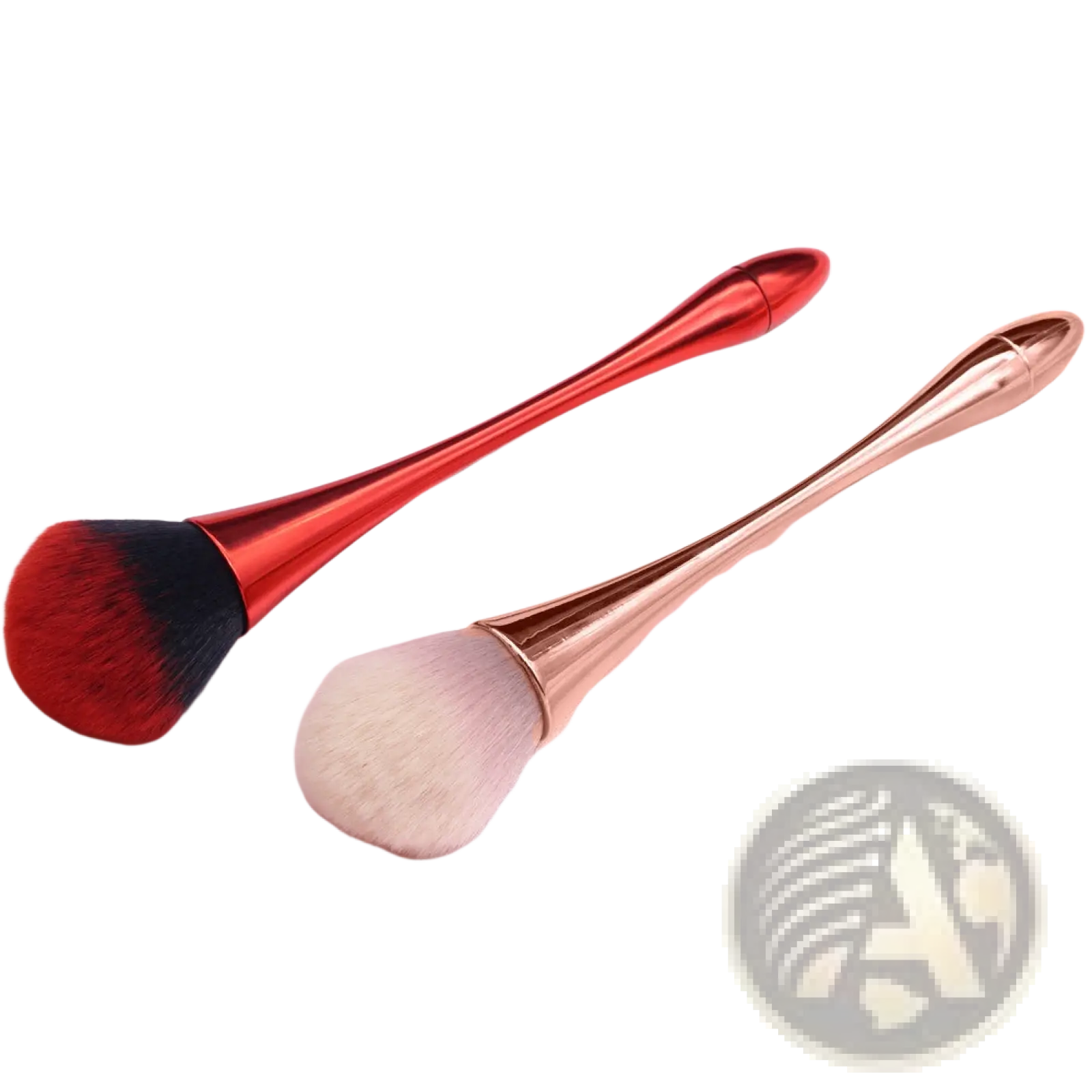 Two professional makeup brushes with sleek metallic red and rose gold handles and soft densely packed bristles for flawless application