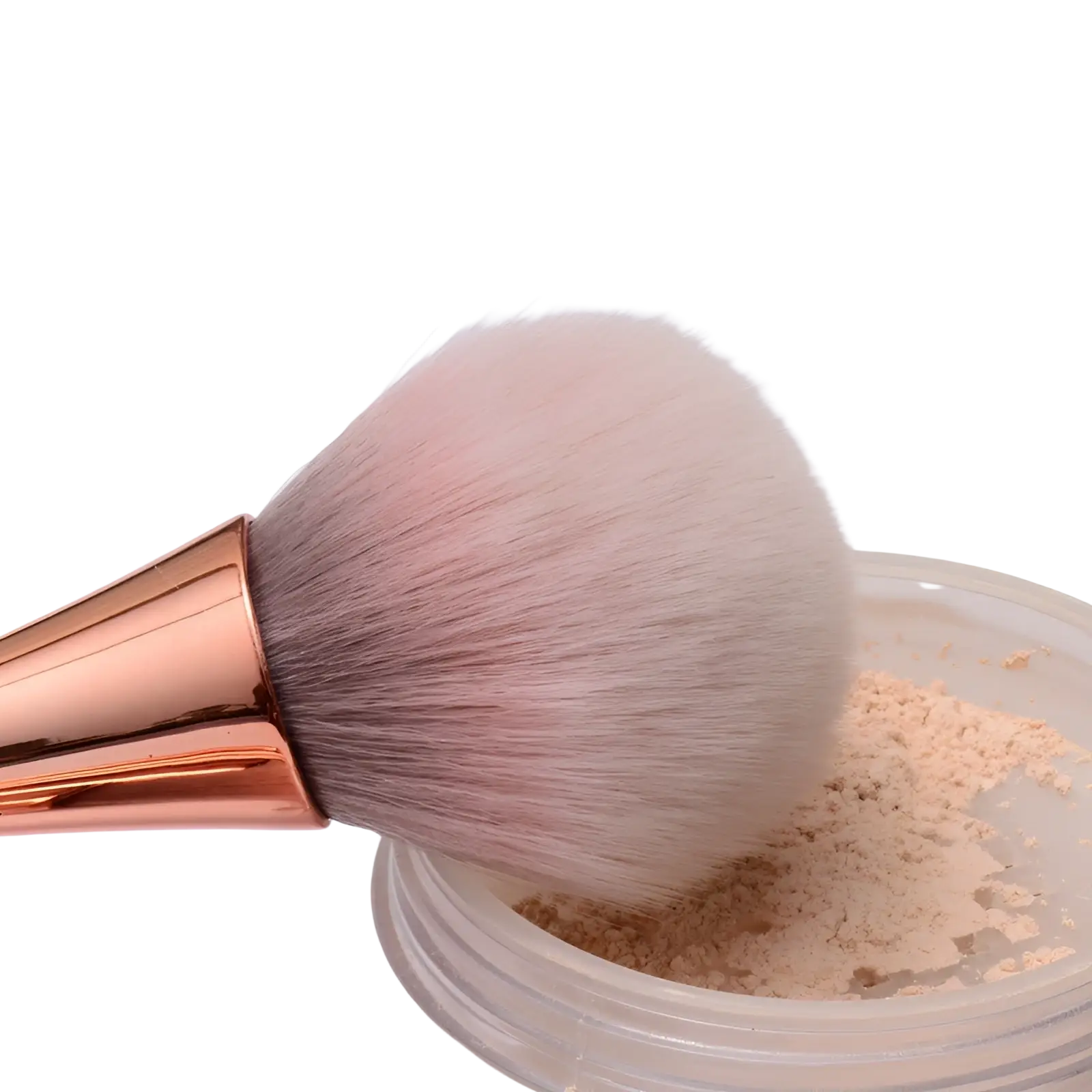 Professional makeup brush with rose gold finish and soft white bristles resting on beige loose powder container
